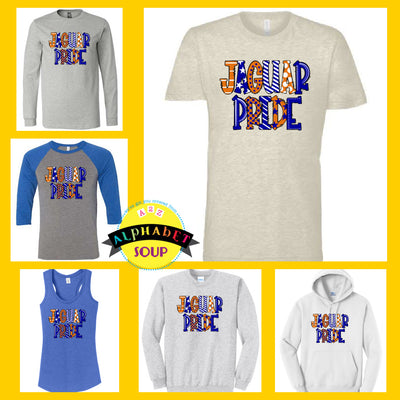 Journey elementary jaguar pride design on tees and sweatshirt collage.