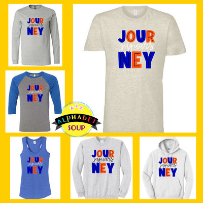 Journey elementary Jaguar Split line design on tees and sweatshirt collage.