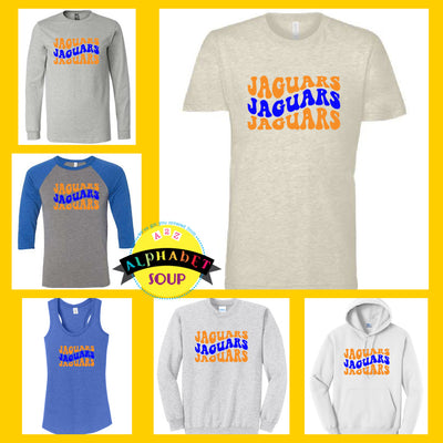 Journey elementary jaguar waves design on tees and sweatshirt collage.