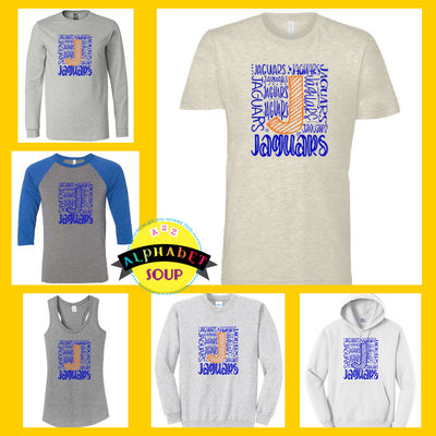 Journey elementary jaguar typography design on tees and sweatshirt collage.
