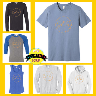 Journey elementary JES circle design on tees and sweatshirt collage.