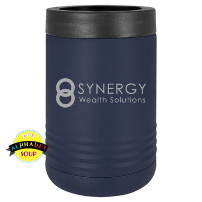 JDS 12oz stainless koozie etched with Synergy Wealth Solutions logo