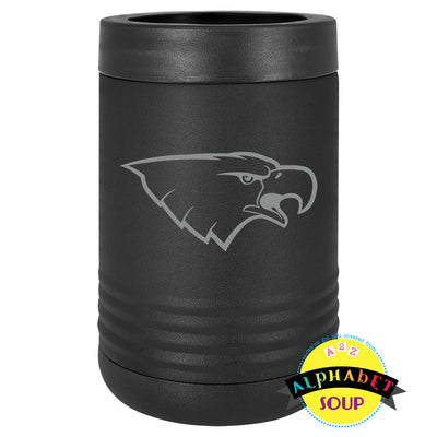 Liberty High School eagle logo on black standard stainless steel koozie