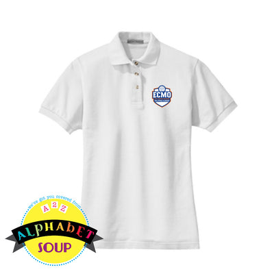 ECMO logo on white basic ladies polo