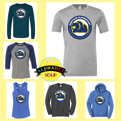 Heritage Elementary Logo design on tees and sweatshirts collage
