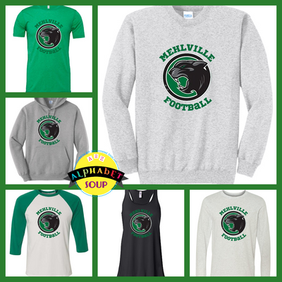 Mehlville football logo on shirt and hoodie collage