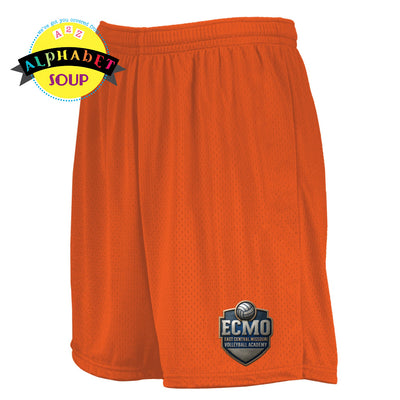 ECMO logo on orange mesh shorts