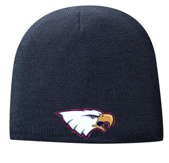 Liberty High School eagle logo on navy lined beanie