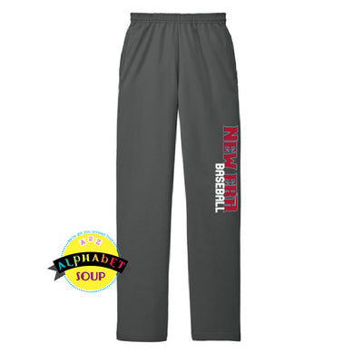 open cuff sweatpants with new era baseball design down left leg