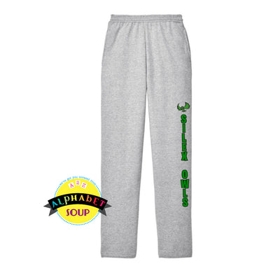 open bottom sweatpants with silex owls logo down the left leg