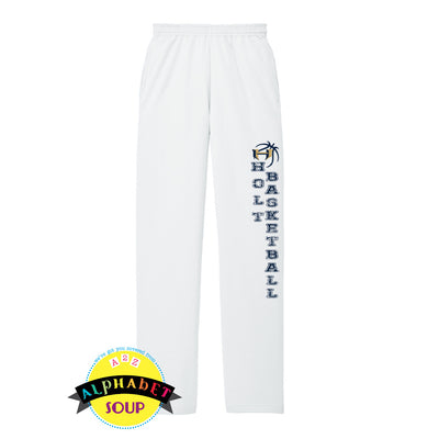 open cuff sweatpants with holt basketball logo down the left leg