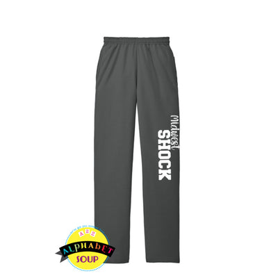 Midwest Shock Volleyball open cuff sweatpants with Midwest Shock down the leg.