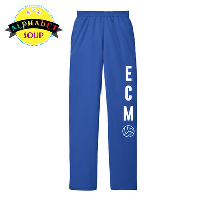 Blue sweatpants with 'ECM' and a volleyball logo.
