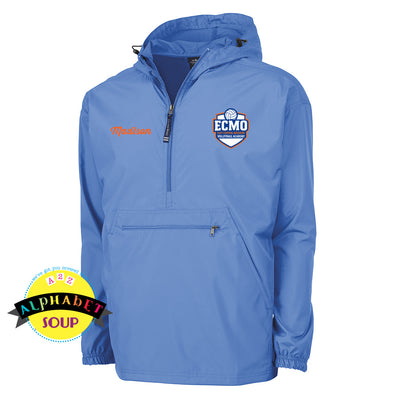 ECMO logo and optional name on Columbia blue pack n go pullover