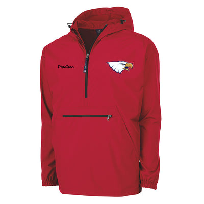 Liberty High School eagle logo and name on red pack n go pullover