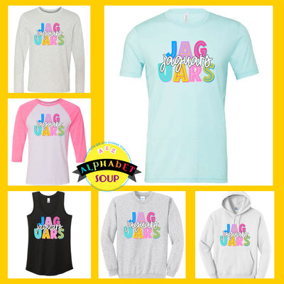 Journey elementary pastel jaguar split line design on tees and sweatshirt collage.