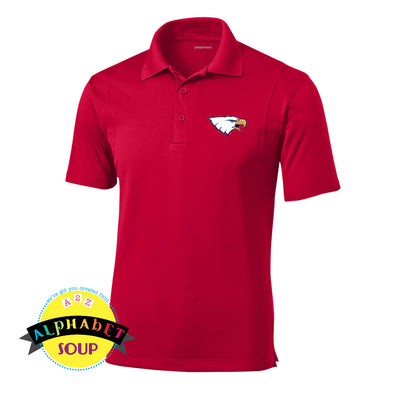 Liberty High School eagle logo on red performance polo