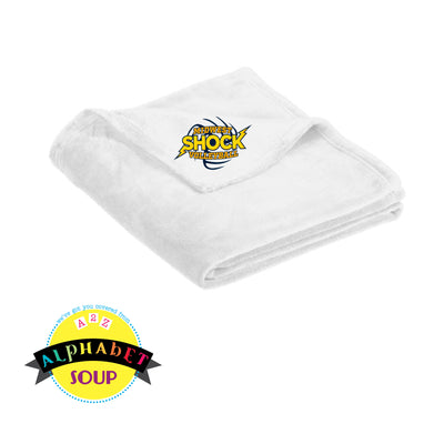 Midwest Shock logo on white ultra plush blanket