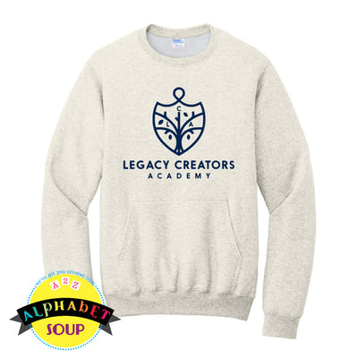 Legacy Creators Academy logo on heather cream pocket crewneck