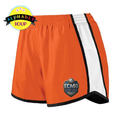 ECMO logo on orange pulse running shorts