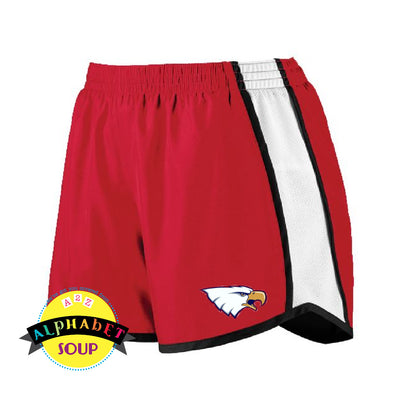 Liberty High School eagle logo on red running shorts