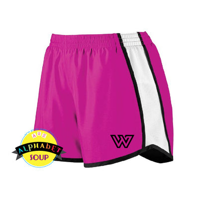 Augusta girls and ladies pulse running shorts with WWF logo on the left leg