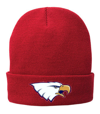 Liberty High School eagle logo on red cuffed beanie