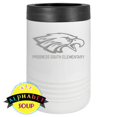 stainless steal koozie with progress south elementary logo