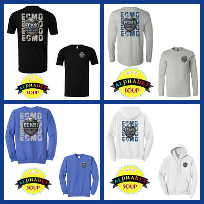 Collection of t-shirts, hoodies, and sweatshirts with 'ECMO' text 