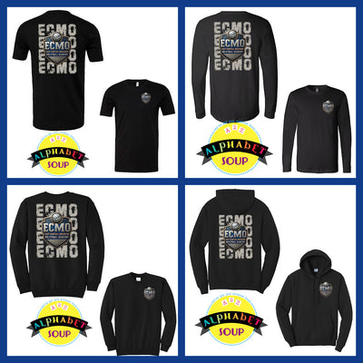 Collection of black clothing items with 'ECMO' text