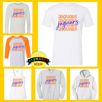 Journey elementary repeating jaguars design on tees and sweatshirt collage.