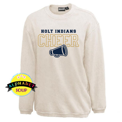 Pennant Sandwash crewneck sweatshirt with the Holt Indians Cheer Megaphone design