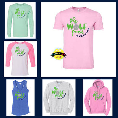 Jr Wolves Cheer She Wolf Pack Design on Tee and Sweatshirt collage