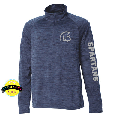 CRA space dye 1/4 zip performance pullover with the Saeger Middle School logo and Spartans down the arm.
