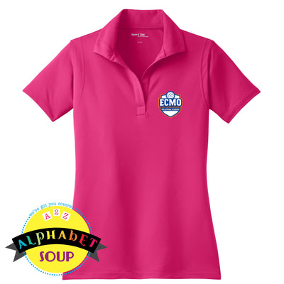 ECMO logo on pink sport tek performance polo