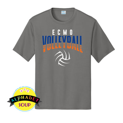 Gray t-shirt with 'ECMO Volleyball' text and volleyball graphic