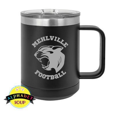 mehlville football logo etched on stainless coffee mug in black