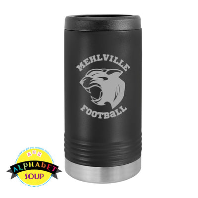 mehlville football logo etched on stainless koozie in black