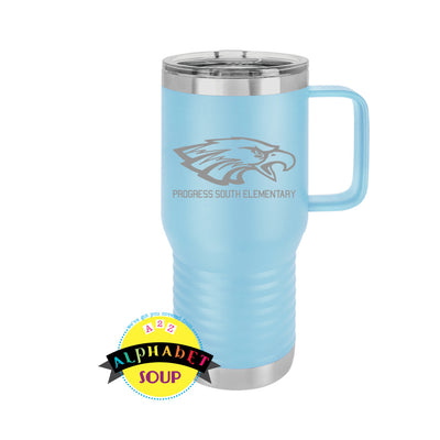 Stainless steal travel coffee mug with etched Progress South Elementary logo