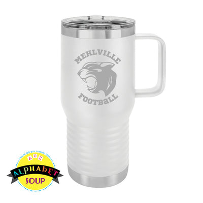 mehlville football logo etched on stainless travel tumbler in white