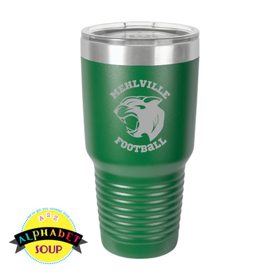 mehlville football logo etched on stainless tumbler in green