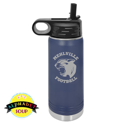 mehlville football logo etched on stainless water bottle in navy