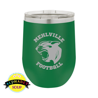 mehlville football logo etched on stainless stemless tumbler in green