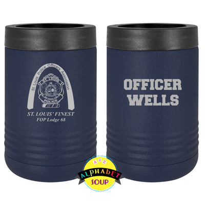 St Louis Police Officers Association logo and name etched on a standard koozie