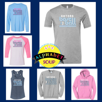 Gators Baseball - Stripped Gators Baseball design on a tee and sweatshirt collage