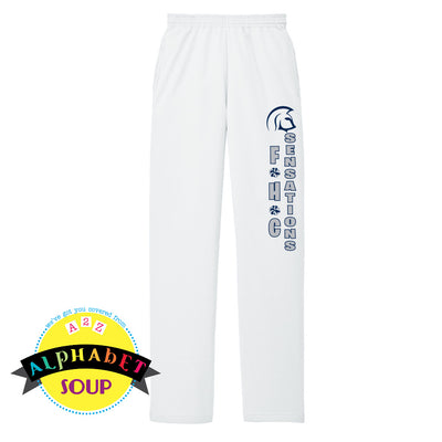 FHC sensations logo on white sweatpants