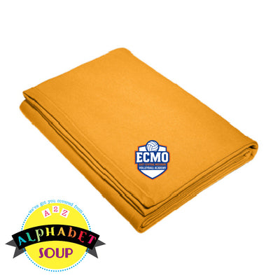 ECMO logo on gold sweatshirt blanket
