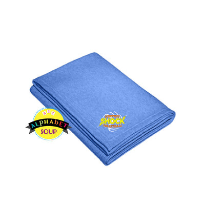 Midwest Shock logo on blue sweatshirt blanket