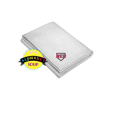 sweatshirt blanket with new era baseball logo embroidered on the corner