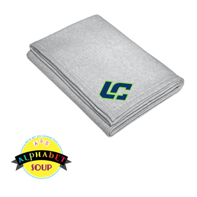 sweatshirt blanket with embroidered logo